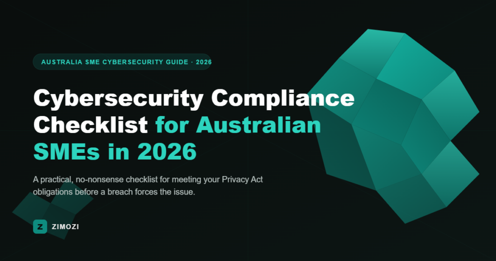 Cybersecurity compliance checklist Australia 2026 graphic with teal geometric crystal background