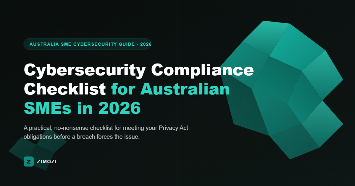 Cybersecurity compliance checklist Australia 2026 graphic with teal geometric crystal background