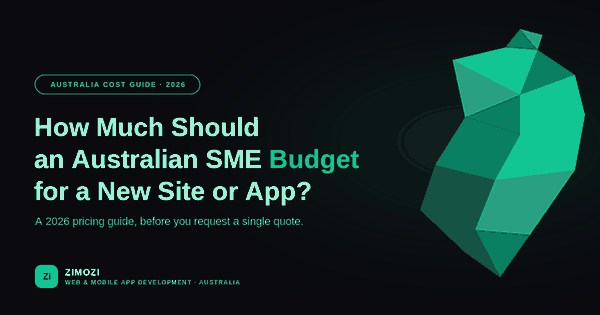 Website development cost Australia featured graphic: dark teal low-poly crystal design for a 2026 SME budget guide