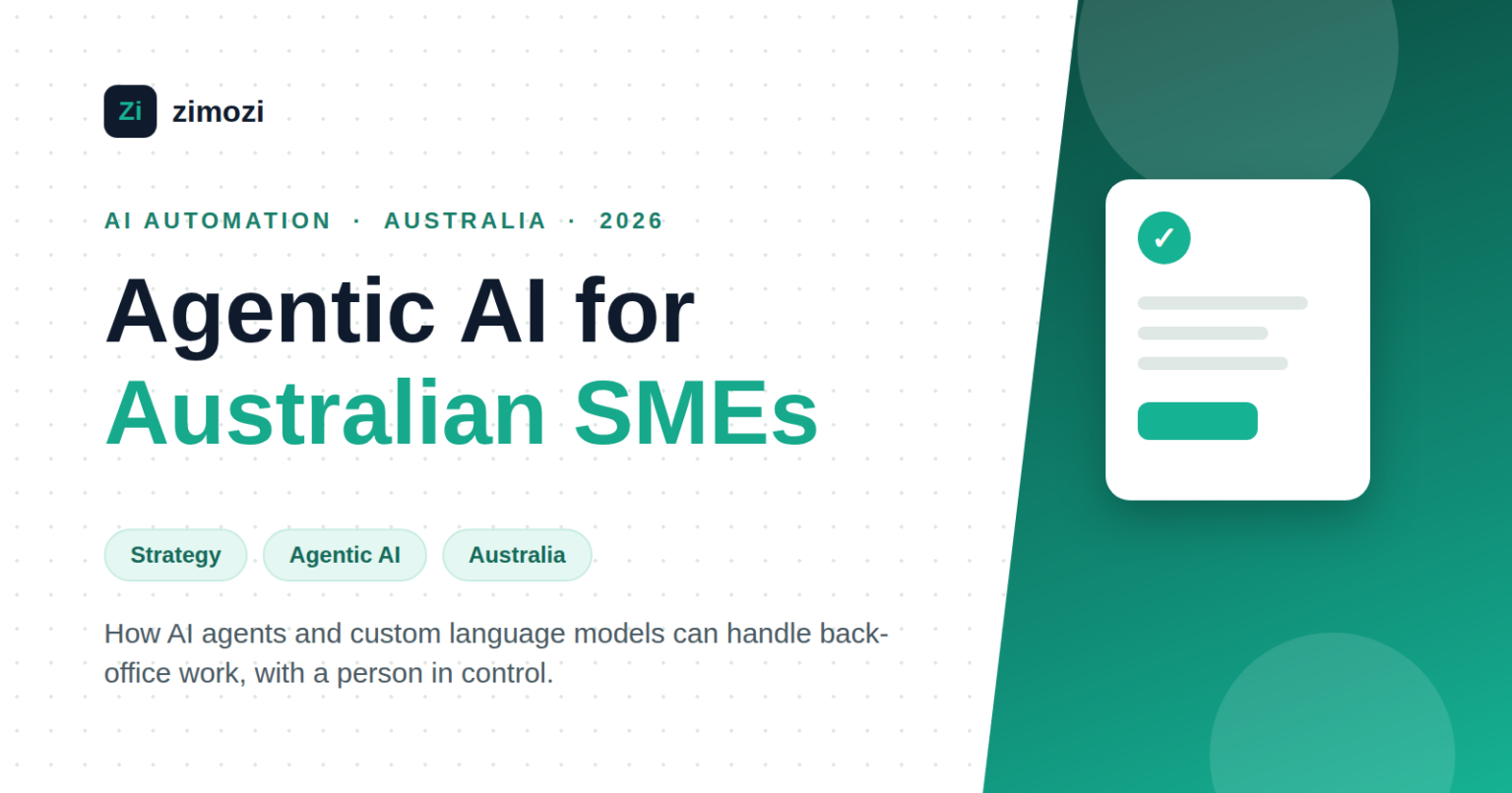 Zimozi cover graphic: agentic AI for Australian SMEs, how AI agents can handle back-office work